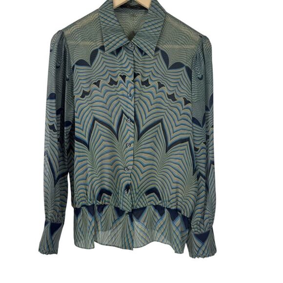 Robert Graham Womens Geometric Blouse Blue Green Button Down Sz M - Picture 2 of 9